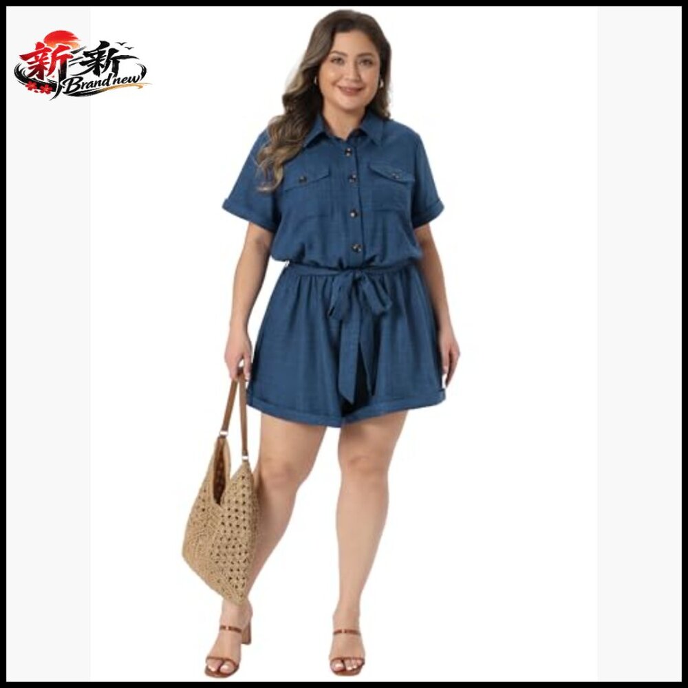 Plus Size Romper with Button Down Roll Sleeves an… - image 3